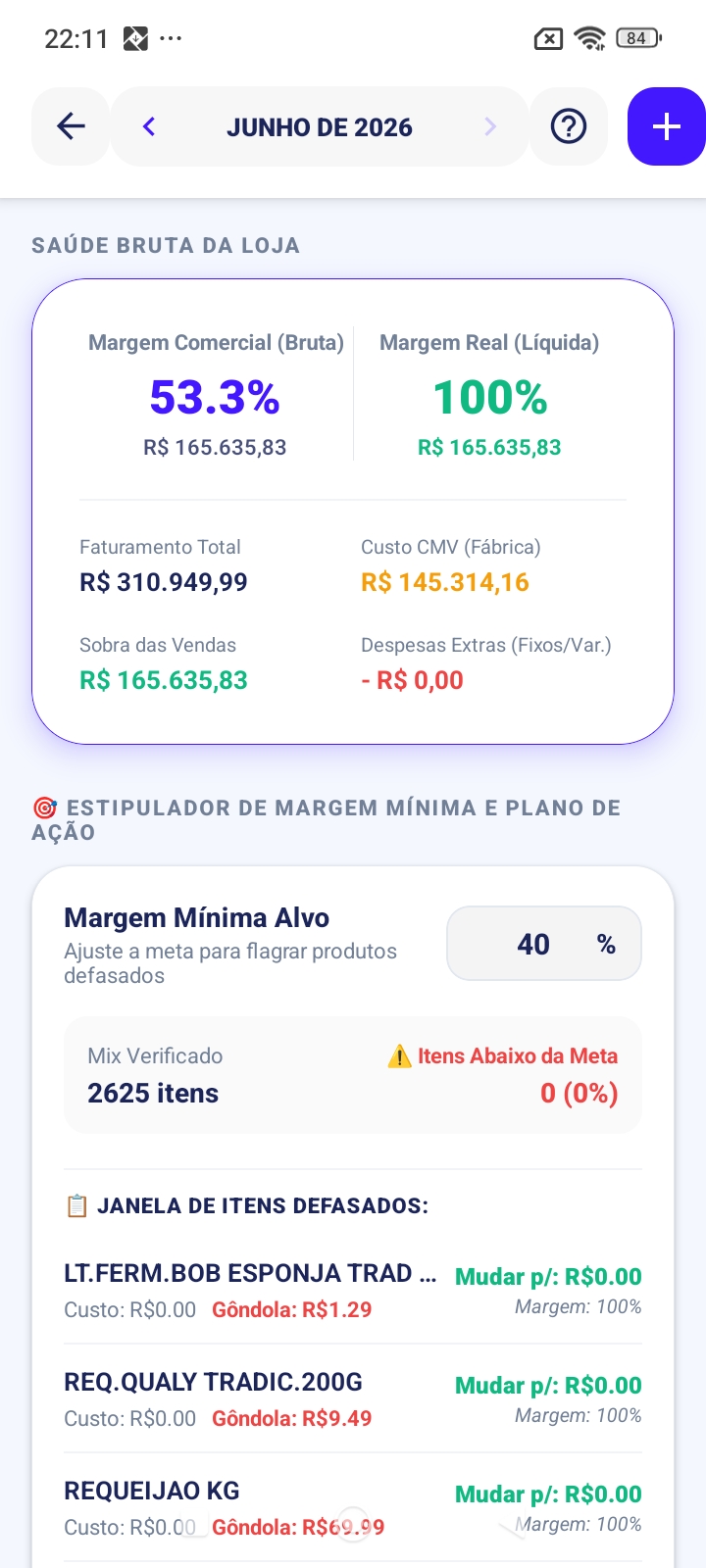 Tela do e-vendas: Margem de lucro